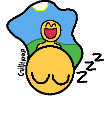 a face with emoji-yellow skin, closed sleeping eyes and three z's next to their head. behind them is a cloud with some grass, a bright blue sky, a sun and a grinning person.